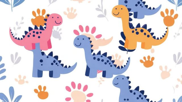 Colorful Cartoon Dinosaurs and Plants Pattern for Children's Artwork and Design Projects 4k video footage