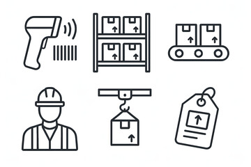 Warehouse Icons: A collection of minimalist line icons representing various aspects of warehousing and logistics operations. Including scanning, storage, packaging, and employee.