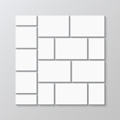 Photo collage mockup. Mood board background. Gallery banner template. Portfolio images square layout. Mosaic moodboard picture frame. Scrapbook grid. Album brandboard. Vector illustration