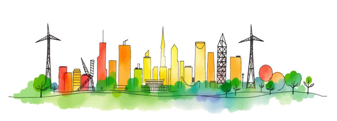 Watercolor Style Vector Illustration of a Beautiful City Park with Skyscrapers in the Background on a Spring Day.