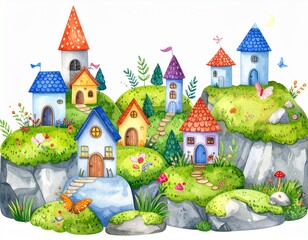 水彩　妖精　村