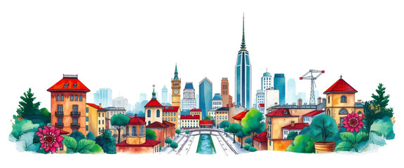 Spring Morning in a City Park – Blooming Flowers, Green Lawns & City Skyline under Bright Sunny Sky | Watercolor Vector Illustration.

