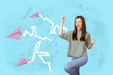 Full pop poster sketch art collage of happy businessman businesswoman fly paper plane development...