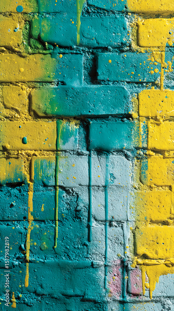 Poster brick wall texture with teal, yellow, and gray paint drips and splatters, creating an abstract artis