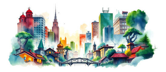Watercolor Style Vector Illustration of a Beautiful City Park with Skyscrapers in the Background on a Spring Day.