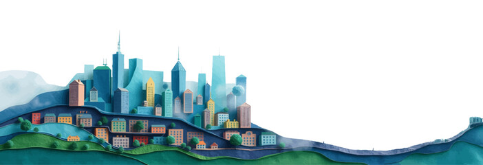 Watercolor Style Vector Illustration of a Beautiful City Park with Skyscrapers in the Background on a Spring Day.