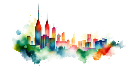 Modern City Skyline at  &ndash; Urban Silhouette Panorama in Watercolor and Flat Vector Style.