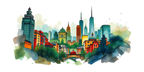 Modern City Skyline &ndash; Urban Silhouette Panorama in Watercolor & Flat Vector Style | Cityscape Illustration.
