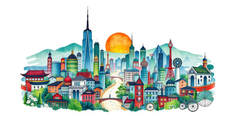 Modern City Skyline &ndash; Urban Silhouette Panorama in Watercolor & Flat Vector Style | Cityscape Illustration.
