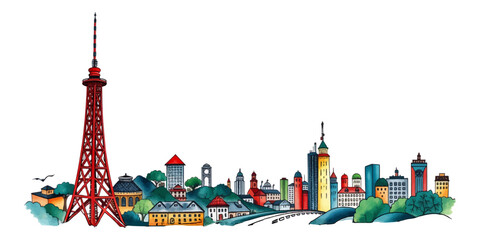 Modern City Skyline &ndash; Urban Silhouette Panorama in Watercolor & Flat Vector Style | Cityscape Illustration.
