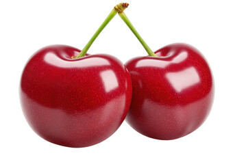 Two red cherries with green stems are isolated against a black background.