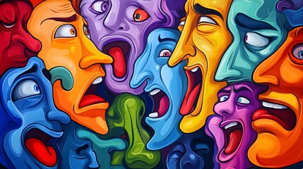 Obraz premium Abstract faces with exaggerated expressions in vibrant colors.