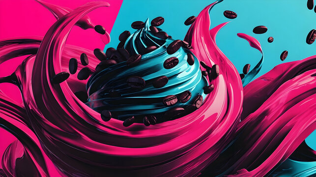 Abstract coffee art with vibrant colors and swirling elements creating a dynamic scene