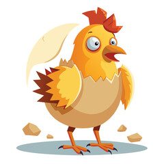 Cartoon chicken hatching from egg with surprised expression