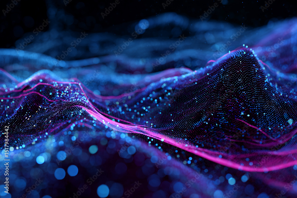 Poster Abstract blue and pink particle wave background, creating a dynamic and energetic visual, showcasing technological innovation or data visualization