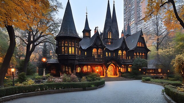 Enchanting Victorian architecture: a black mansion amidst autumn foliage and urban skyline