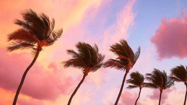 Scenic view of tropical palm trees in the wind during vibrant sunset skies - Powered by Adobe