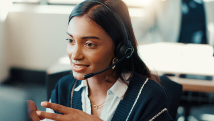 Call center, discussion and woman with headset, telemarketing and communication for lead...