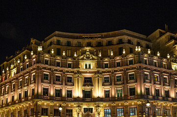 Facade of colonial building Banco Hispano Americano, Madrid, Spain