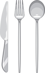 A set of silverware utensils including a knife, fork, and spoon, neatly arranged side by side on a white background.