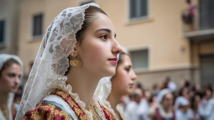 Naklejka premium Young Women in Traditional Dress Celebrate Santa Cristina Festival During Sacred Religious Procession Honoring Historical and Spiritual Heritage in an Italian Town