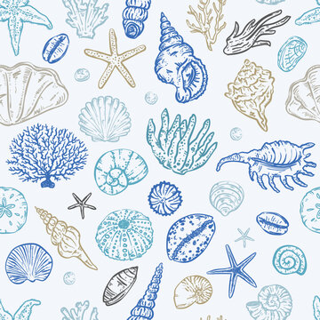 Whimsical seashell hand-drawn style seamless vector pattern