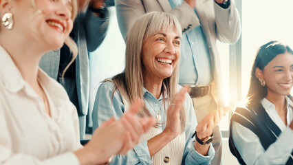 Success, happy woman or clapping for financial achievement, target or profit growth. Mature...