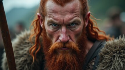 Red-bearded warrior staring intensely in battle scene.