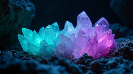 Cluster of glowing blue and purple crystals on dark ground.