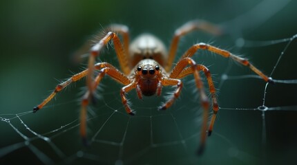 Close-up of spider on web with green background.
