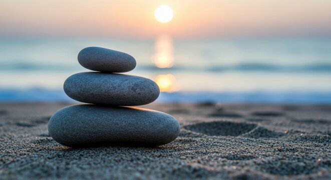 Stacked stones balanced on a sandy beach at sunset symbolizing peace and harmony - Powered by Adobe