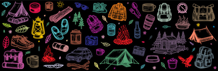 eamless pattern with Vintage monochrome camping elements.
