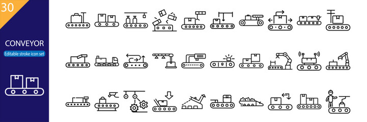 Set of 30 line icons related to conveyor, manufacturing, transport, assembly line, loading, machinery, editable stroke, vector illustration