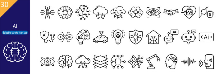 This collection features 30 unique line icons representing various aspects of artificial intelligence and technology