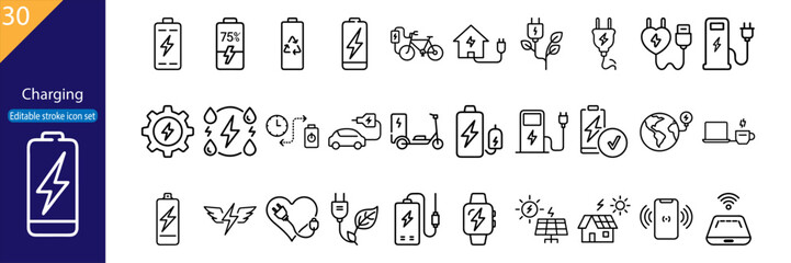 30 line icons for charging, battery, power, electricity, renewable energy, and gadgets. Editable stroke, vector illustrations