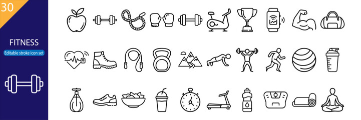 30 fitness line icons for gym, exercise, health, and nutrition. Editable stroke. Vector illustration