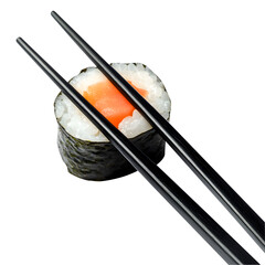 Freshly prepared salmon sushi roll with black chopsticks on a clean white background