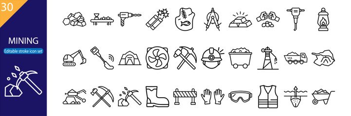 Set of 30 line icons related to mining, excavation, tools, machinery, safety gear, and mineral extraction. Editable stroke. Vector illustration