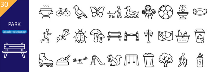30 line icons of park activities, nature, outdoor furniture, wildlife, and eco-friendly themes; editable stroke vector illustration