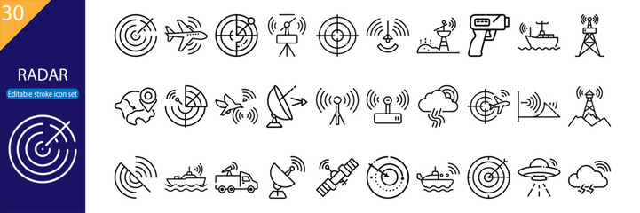 30 line icons featuring radar, tech, communication, navigation, and signals. Editable stroke, vector illustration