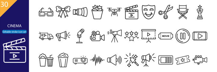 Set of 30 line icons representing cinema, movie production, entertainment, filmography, awards, editing, and creativity in vector format
