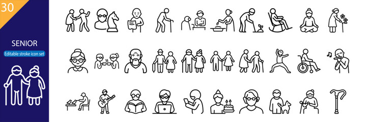 Collection features 30 line icons depicting various activities and interactions involving seniors