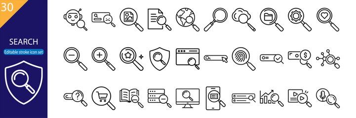 Set of 30 line icons related to search, magnifying glass, inquiry, analysis, security, information, exploration, editable stroke, vector illustration