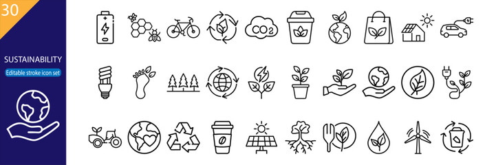 30 sustainability line icons: eco-friendly, green energy, recycling, nature, renewable resources, editable stroke, vector illustration