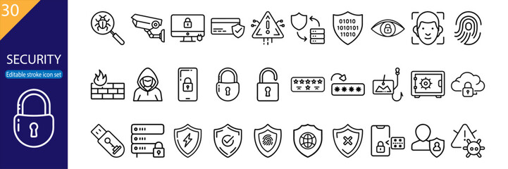 Set of 30 line icons related to security, protection, safety, digital, surveillance, lock, padlock, data, editable stroke, vector illustration