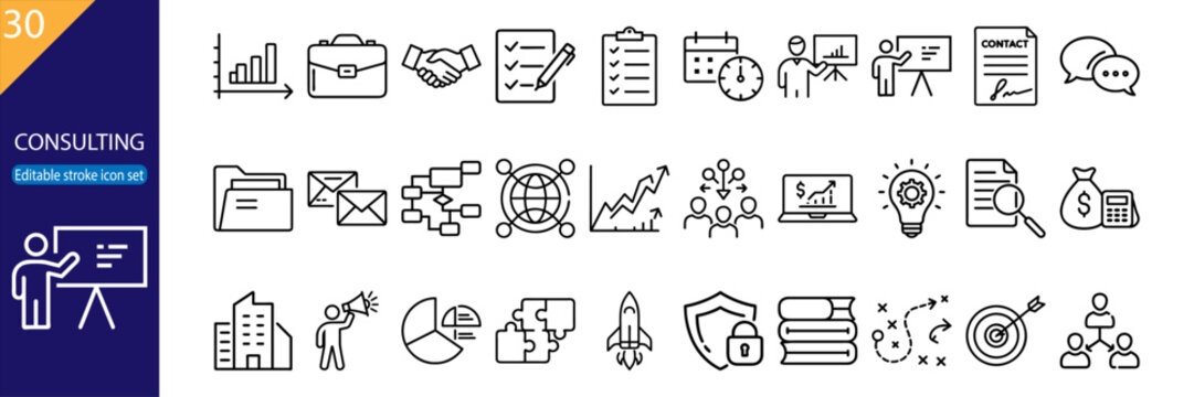 Set of 30 line icons related to consulting, business, strategy, analysis, teamwork, communication, productivity, Editable stroke. Vector illustration