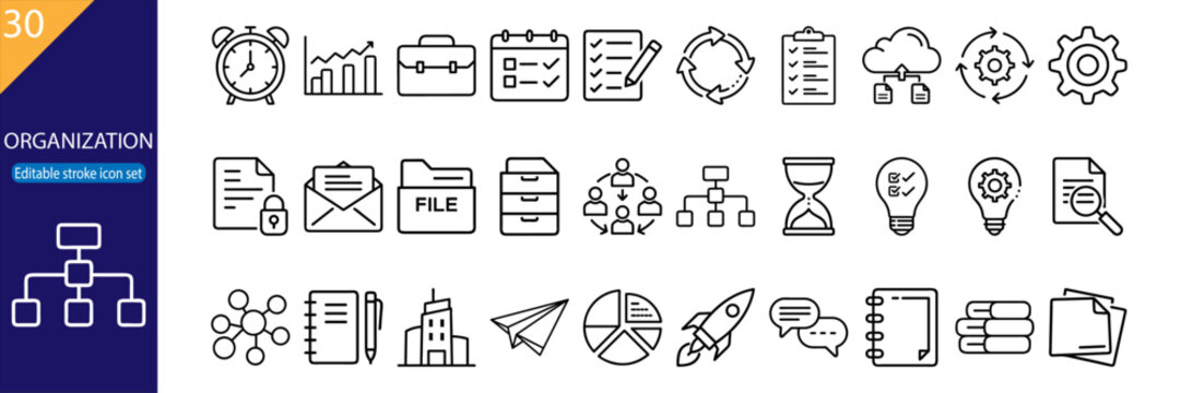Collection of 30 line icons showcasing organizational themes like time management, teamwork, data storage, and analytics