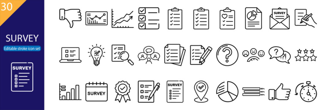 Set of 30 line icons related to survey, feedback, research, data collection, charts, analysis, evaluation, editable stroke, vector illustration