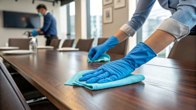 A worker in gloves performing cleaning in a conference room