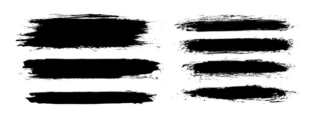 Vector paint brush strokes. Black ink stripe underlines. Japanese calligraphy zen highlight lines. Chinese hand-drawn smears. Grungy long straight swipe set. Modern urban punk brushstroke splatter bg